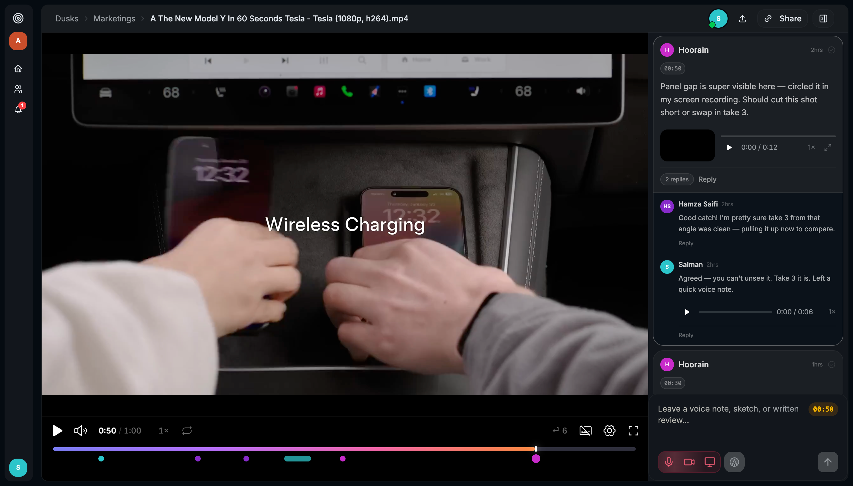 Dusken platform interface showing frame-accurate video comments and drawing tools